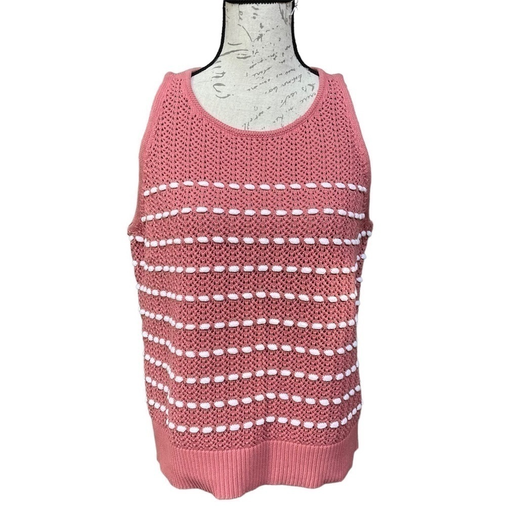 𝅺LOFT women Crochet knitted Tank Top Pink Coral White w pockets Sz L